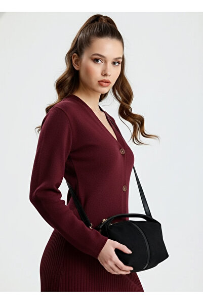 Çanta Trend Black Suede Women's Hand and Shoulder Bag with Gold Accessories a...