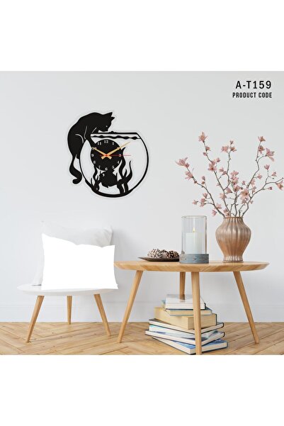 LAZORİAE Cat and Fish Aquarium Themed Wooden Wall Clock