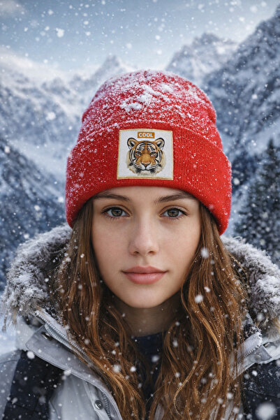 Saria Moda قبعة نسائية حمراء مطرزة بتصميم النمر