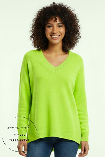 sermoda Women's Sweater - V-Neck Knitwear Women's Sweater Neon Green