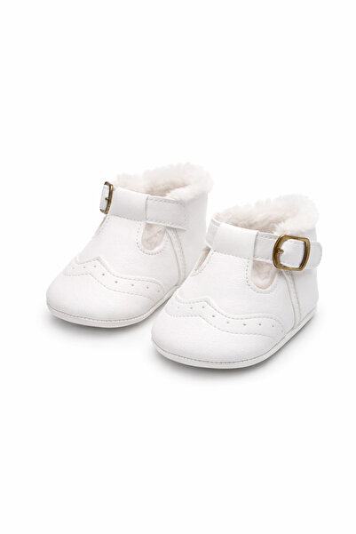 Superbaby White fur-lined first steps shoes for girls with a Lilly hedgehog s...
