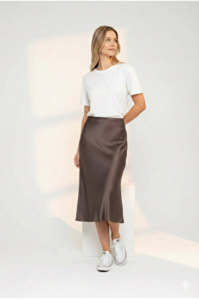 First Chance collection Midi Length Brown Satin Skirt