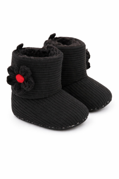 Superbaby Cizmulițe negre pentru bebeluși pentru primii pași, îmblănite, cu f...