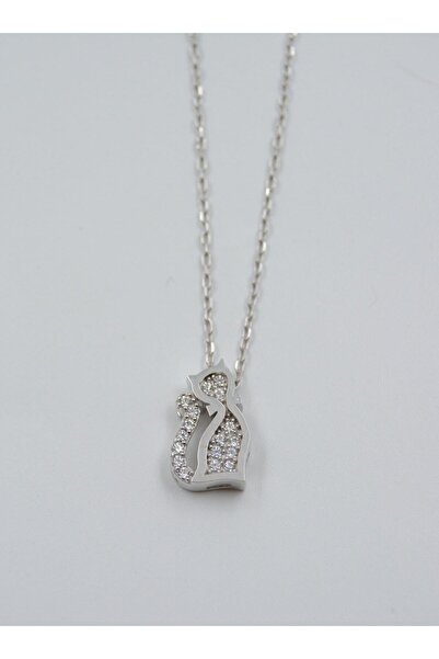 Swaroski Taşlı Kedi Desen 925 Ayar Gümüş Kadın Kolye