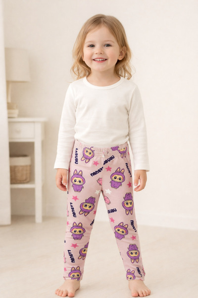 Babexi Labubu Patterned Girls' Leggings – Soft Cotton, Flexible Waist (1-4 Ye...