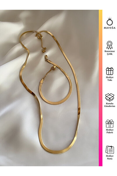 MAVEGA Çelik İtalyan Zincir Kolye Bileklik Set Gold