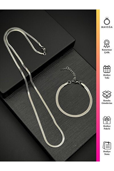 MAVEGA Çelik İtalyan Zincir Kolye Bileklik Set Silver