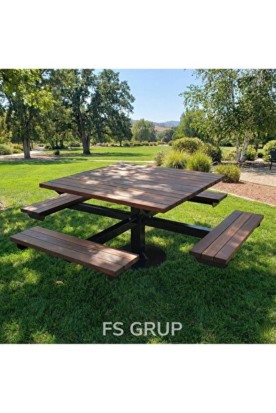 FSHOME FS GRUP | 4 Kişilik Bahçe Banklı Piknik Masası Ahşap Metal Bahçe Oturm...