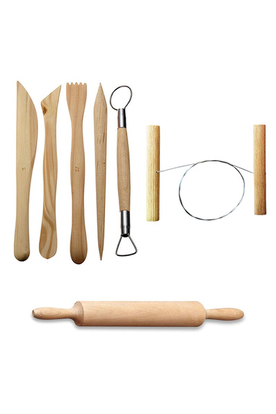 ACUTO Ebeşuar Seti 5'li Kil Şekillendirme Seti Çamur Kesme Teli Ahşap Merdane...
