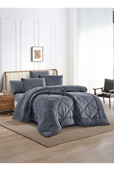 Melen Double Winter Bedding Set - Velvet Faux Fur - 6 Pieces - Fits 200x200 B...