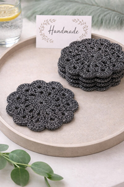 Miliva 6 Coasters |   Knitted Macrame Coaster |   Glitter Round Handmade Coas...