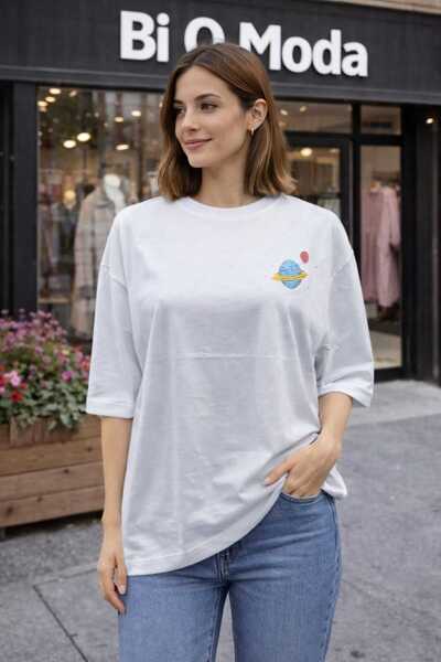 Kadın Gezegenler Baskılı %100 Pamuk Oversize Tişört-beyaz