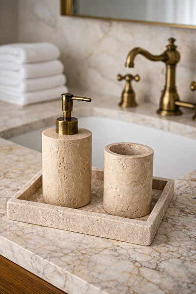 DMR HOME طقم حمام من حجر الترافرتين الطبيعي - حامل صابون سائل وحامل فرشاة أسن...