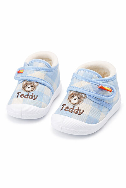 Superbaby Blue checked shoes for children for first steps, fur lined, with Te...