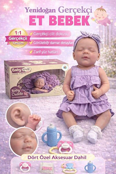 kosetoys Kız Bebek oyuncağı Gerçekci hareketli silikon bebek( Mor Elbiseli) 4...