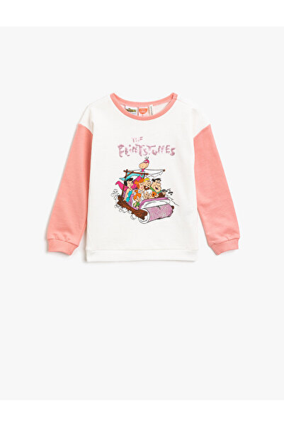 Koton Stone Age Licensed Sequin Printed Crew Neck Cotton Sweatshirt