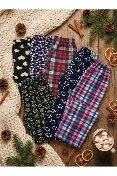 PİERLES 6-Pack Women's Fleece Pajama Bottoms - Winter Set with Heart, Plaid, ...