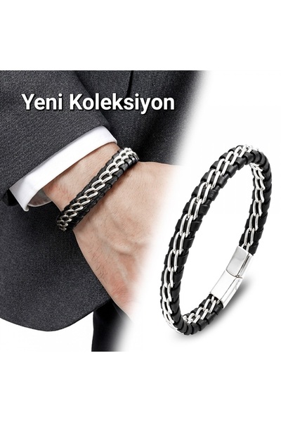 Caseras سوار رجالي من الفولاذ والجلد بسلسلة مزدوجة من كاسيرا – تصميم رجالي أسود