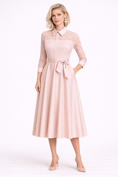 ALYEL NAKER Dantel Kaplama Detaylı Pudra Saten Midi Gömlek Elbise