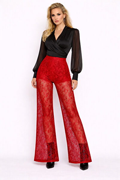ALYEL NAKER Dark Red Corded Lace Wide Leg Unlined Pants