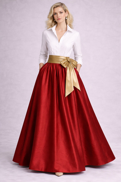 ALYEL NAKER Piliseli Kuşaklı & Color-Block Detaylı Maxi Tafta Gömlek Elbise