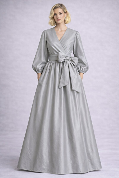 ALYEL NAKER Kruvaze Kapamalı & Balon Kollu Gri Tafta Maxi Elbise