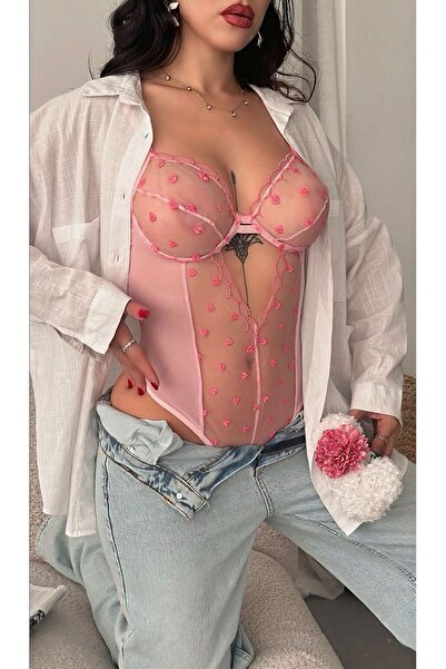 DİA SENSE Kadın Pembe Kalp Desenli Transparan Tül Body – Romantik Dantelli Bü...