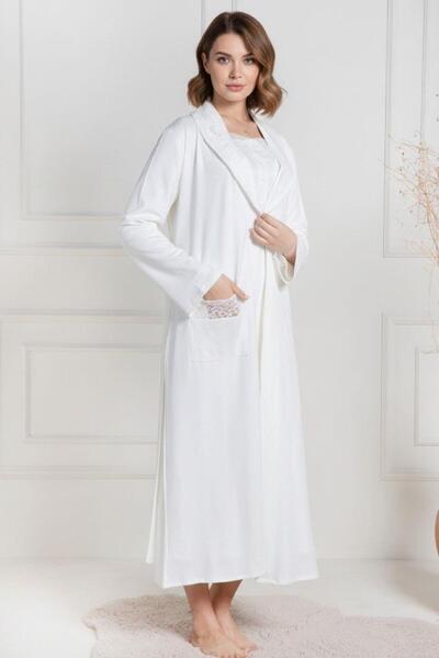 Mecit Pijama Mecit 6156 Ekru Kadın Büyük Beden Sabahlıklı Gecelik Takım