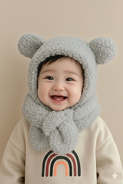 Bundeba Avis Gri Çocuk Kapüşonlu Peluş Bere Atkı Welsoft Boyunluk Rüzgar Geçi...