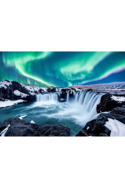 Zumzeria Tablou Canvas Aurora Borealis Over A Mighty Waterfall, 80x50cm, tabl...
