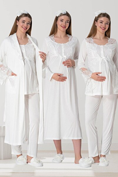 Mecit Pijama Mecit 5355 Ekru Lohusa Sabahlık Pijama Gecelik Takım