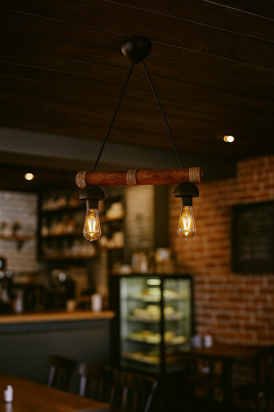 Genel Markalar Halat Detaylı Modern İkili Sarkıt Ahşap Avize