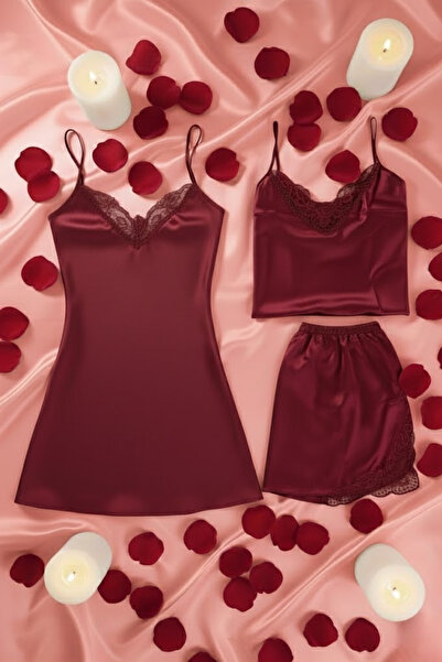 ZENCHES Saten Şortlu Takım Saten Gecelik Saten 3'lü Çeyiz Seti