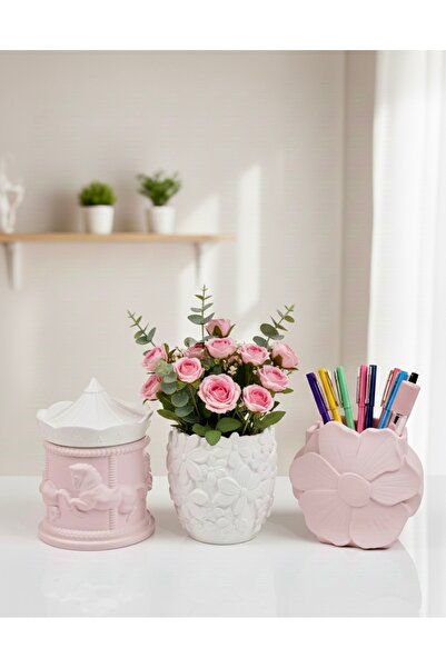 Markasız ucuz Dekoratif 3'lü Set - Atlıkarınca ve Çiçek Kalemlik & Makyaj Fır...