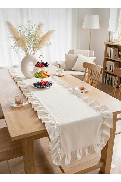 ÇIQRIK HOME Natural Fırfırlı Vintage Keten Runner Ranır 40x110 cm