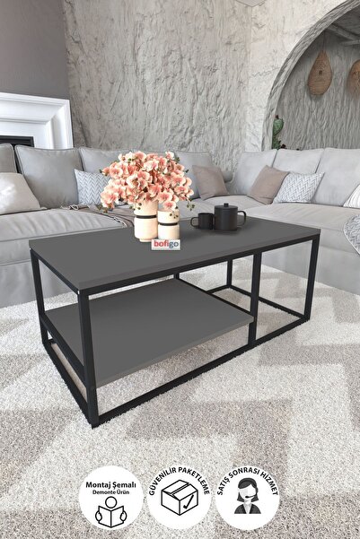 Bofigo Metal Orta Sehpa 2 Raflı Orta Sehpa Dekoratif Sehpa Nisa Antrasit