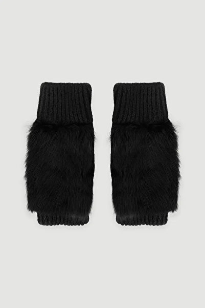 Gusto Γάντια από ψεύτικη γούνα με λεπτομέρεια ριμπάνα - Μαύρο
