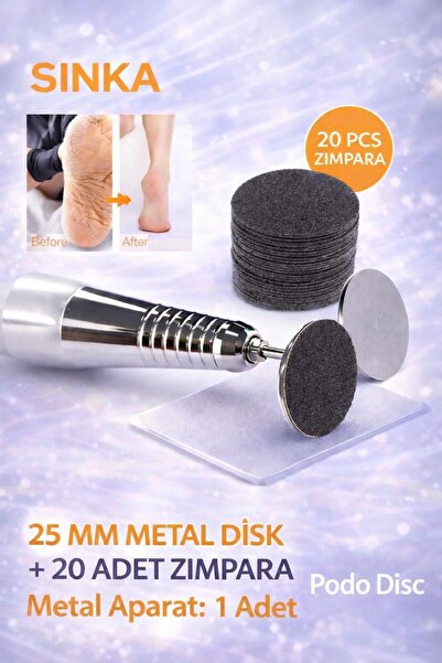 SİNKA Pododisk 25 Mm Metal Disk + 20 Adet Zımpara Pedikür Topuk Tırnak SET