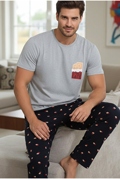 Siyah İnci gri desenli Pamuklu Bisiklet Yaka Baskılı Kısa Kollu Örme Pijama T...