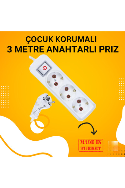 AS Grup Grup 3'lü Ara Kablo Anahtarlı Topraklı Üçlü Priz (3 METRE)