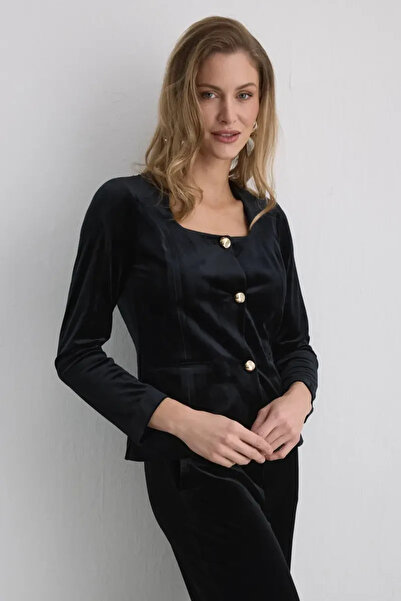 Gusto Buttoned Velvet Jacket - Black
