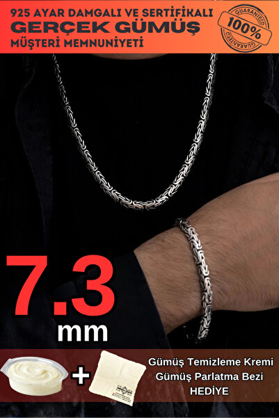OSMANLI GÜMÜŞ Erkek Gümüş Kolye Bileklik Set - 7.3mm Yassı Ezme Kral Gümüş Bi...