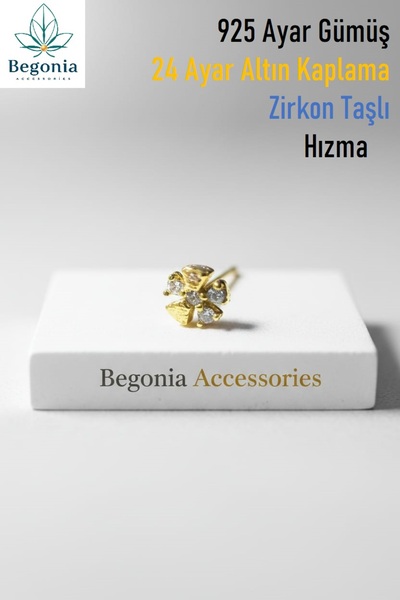 Begonia Accessories 925 Ayar Gümüş Zirkon Taşlı 5 Yaprak Gold Piercing Hızma ...