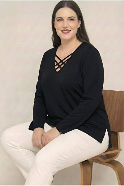 Curvy Trend V-Neck Cross 4-Banded Side Slit Long Sleeve Stretch Fabric Viscos...