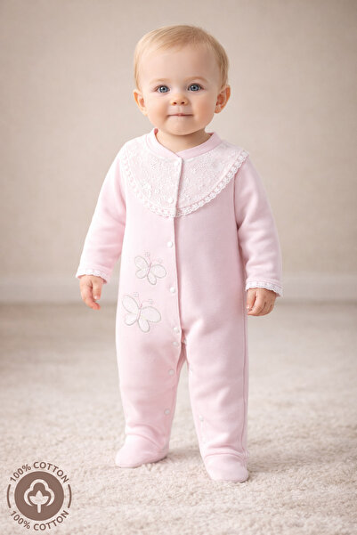 Miniel Kız Bebek Nakışlı Güpür Detaylı 3-6-9 Ay Penye Organik Pamuklu Patikli...