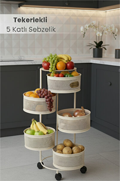 Orvila 5 Katlı Tekerlekli Tepsili Metal Sebzelik Açılır Patates Soğan Meyveli...