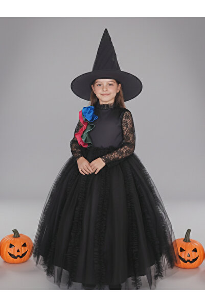 Moda Sitesi Cadı Kostümü Tarlatanlı Kız Çocuk için – Halloween Elbise Ve Şapka