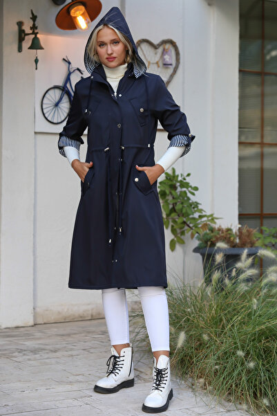 Chiccy معطف واق من المطر منسوج كاجوال للنساء باللون الأزرق الداكن وأكمام طويل...