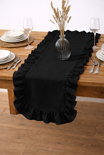 ÇIQRIK HOME Natural Fırfırlı Vintage Siyah Runner Ranır 40x110 Cm