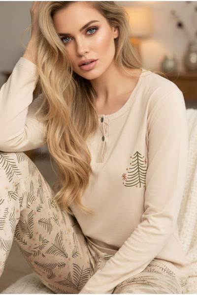 Siyah İnci Σετ πιτζάμες από βαμβακερό πλεκτό με μπεζ σχέδιο με κουμπιά25240223